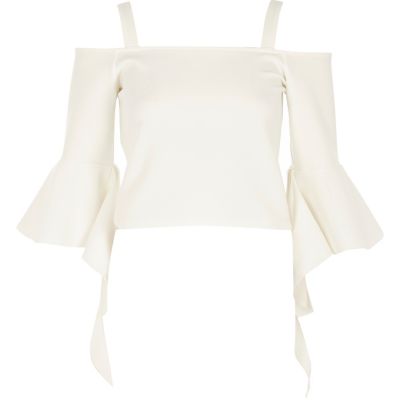 White cold shoulder frill sleeve top